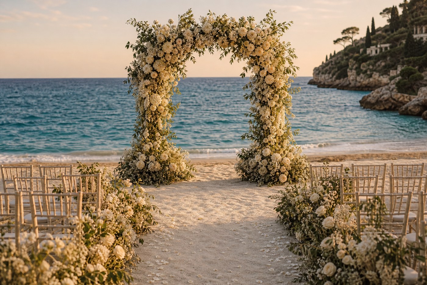 Mediterranean seaside wedding ceremony at golden hour