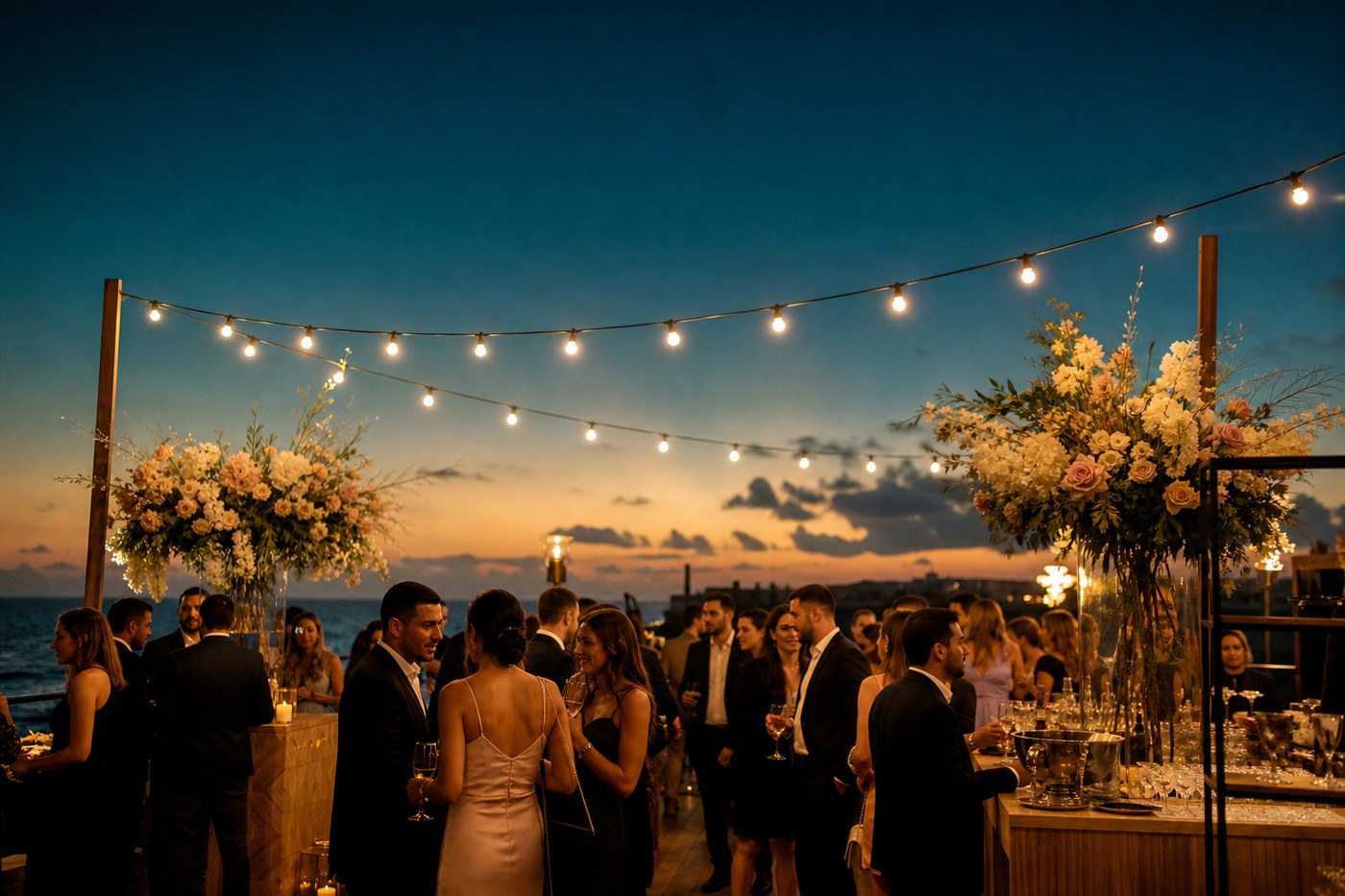 Seaside cocktail hour with string lights